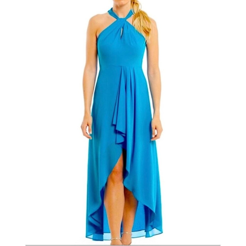 Belle Badgley Mischka Womens Draped High Low Halter Dress Turquoise Blue size 4